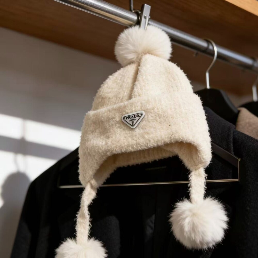 Prada Fuzzy Knit Earflap Hat with Pom Poms